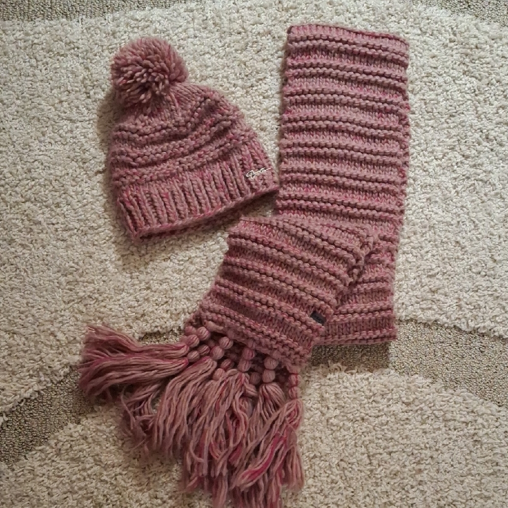 Barts Rose Pink Knit Pom Beanie and Ribbed Scarf Set